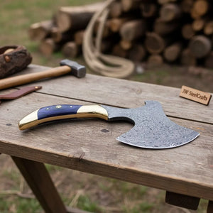 Damascus Steel Bushcraft Axe with Hardwood Handle & Leather Sheath detail view by JW SteelCrafts