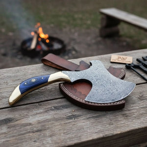 Damascus Steel Bushcraft Axe with Hardwood Handle & Leather Sheath by JW SteelCrafts