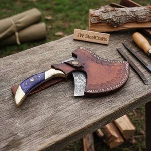 Damascus Steel Bushcraft Axe with Hardwood Handle & Leather Sheath detail view by JW SteelCrafts