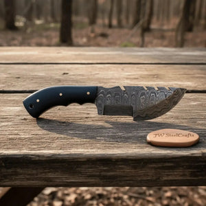 Handmade Damascus Tracker Knife with Black Micarta Handle, Fixed Blade Outdoor Hunting Knife detail view by JW SteelCrafts