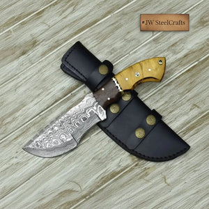 tracker knife Custom, 10", DAMASCUS KNIFE, Damascus steel knife, hunting, exotic Yellow Heart & Walnut wood handle, leather