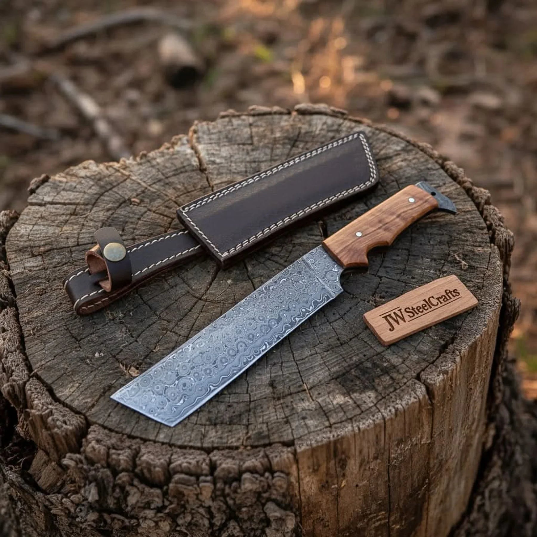 Hunting Knife Hunting 12" Tanto Knife with Olive Wood Handle with Sheath detail view by JW SteelCrafts
