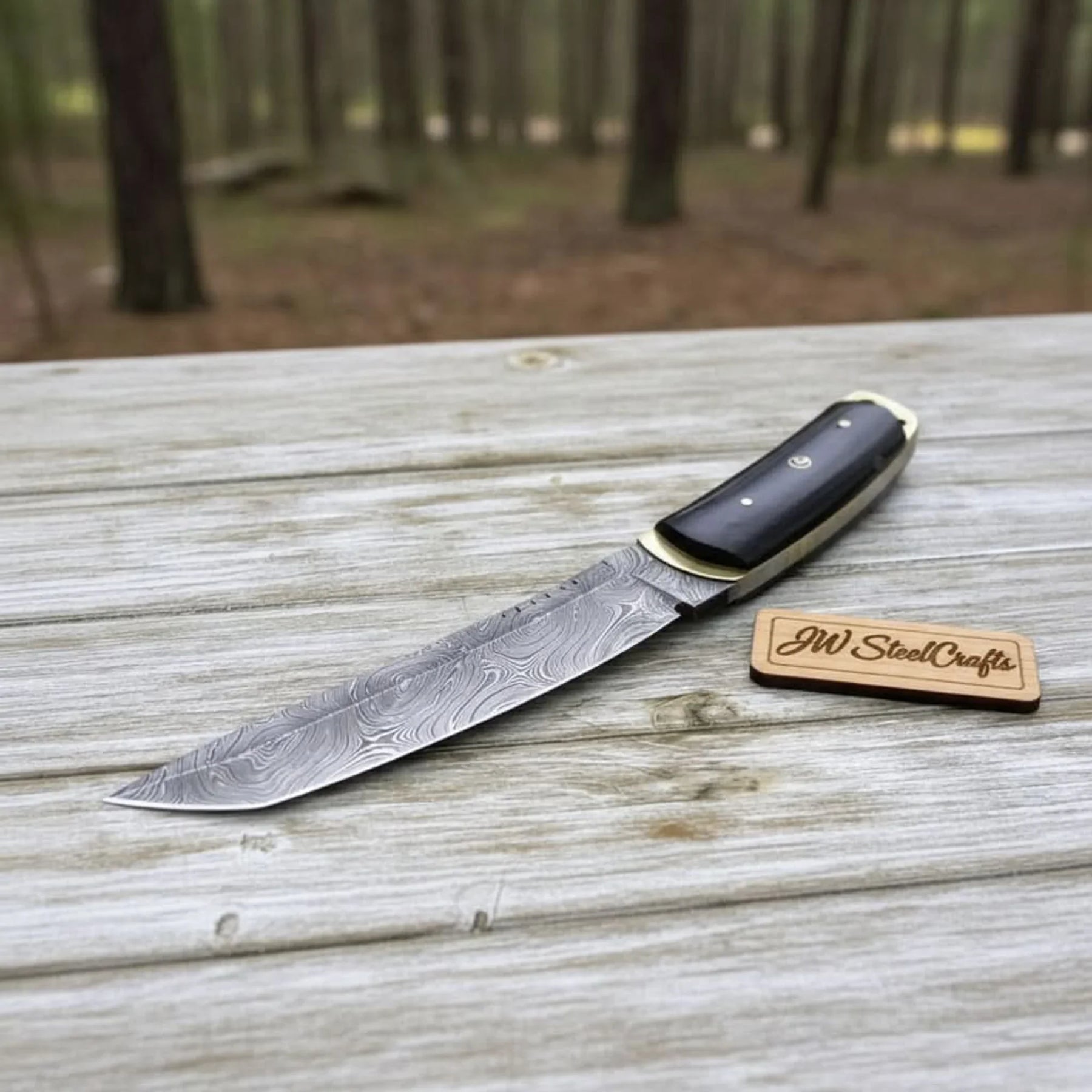 Custom tactical Tanto knife, damascus knife, Tanto detail view by JW SteelCrafts