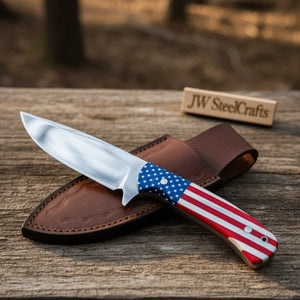 Handmade Drop Point Hunting Knife High Polish Bearing Steel Blade, USA Flag Handle by JW SteelCrafts