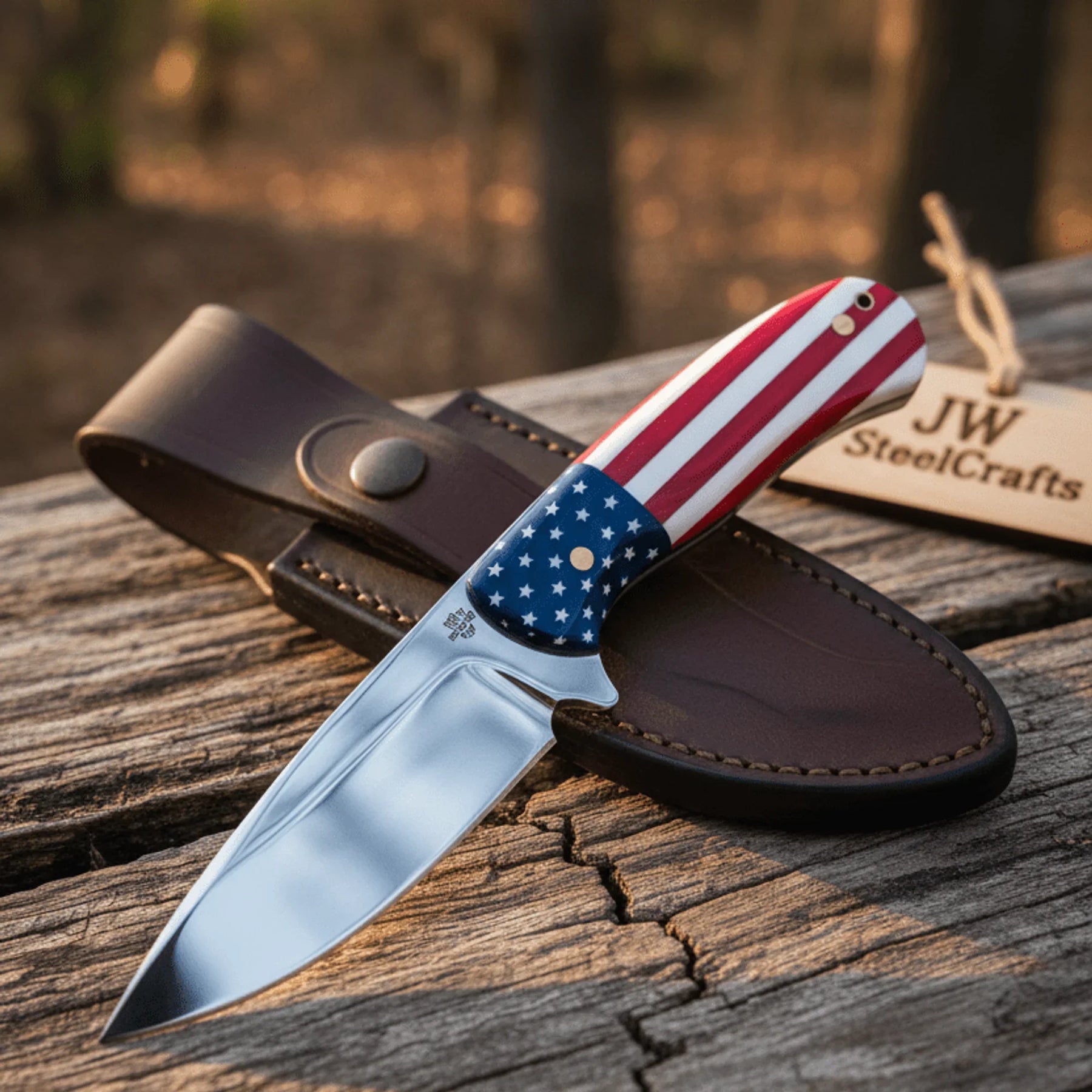 Handmade Drop Point Hunting Knife High Polish Bearing Steel Blade, USA Flag Handle detail view by JW SteelCrafts