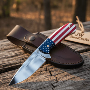 Handmade Drop Point Hunting Knife High Polish Bearing Steel Blade, USA Flag Handle detail view by JW SteelCrafts
