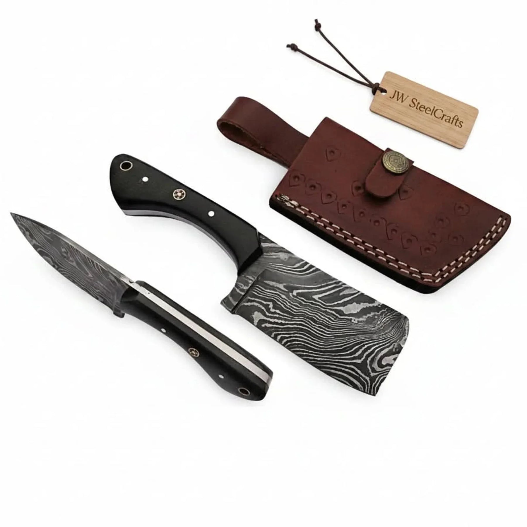 Custom Forged Damascus Mini Butcher Cleaver — Full Tang Black Handle with Leather Sheath detail view by JW SteelCrafts
