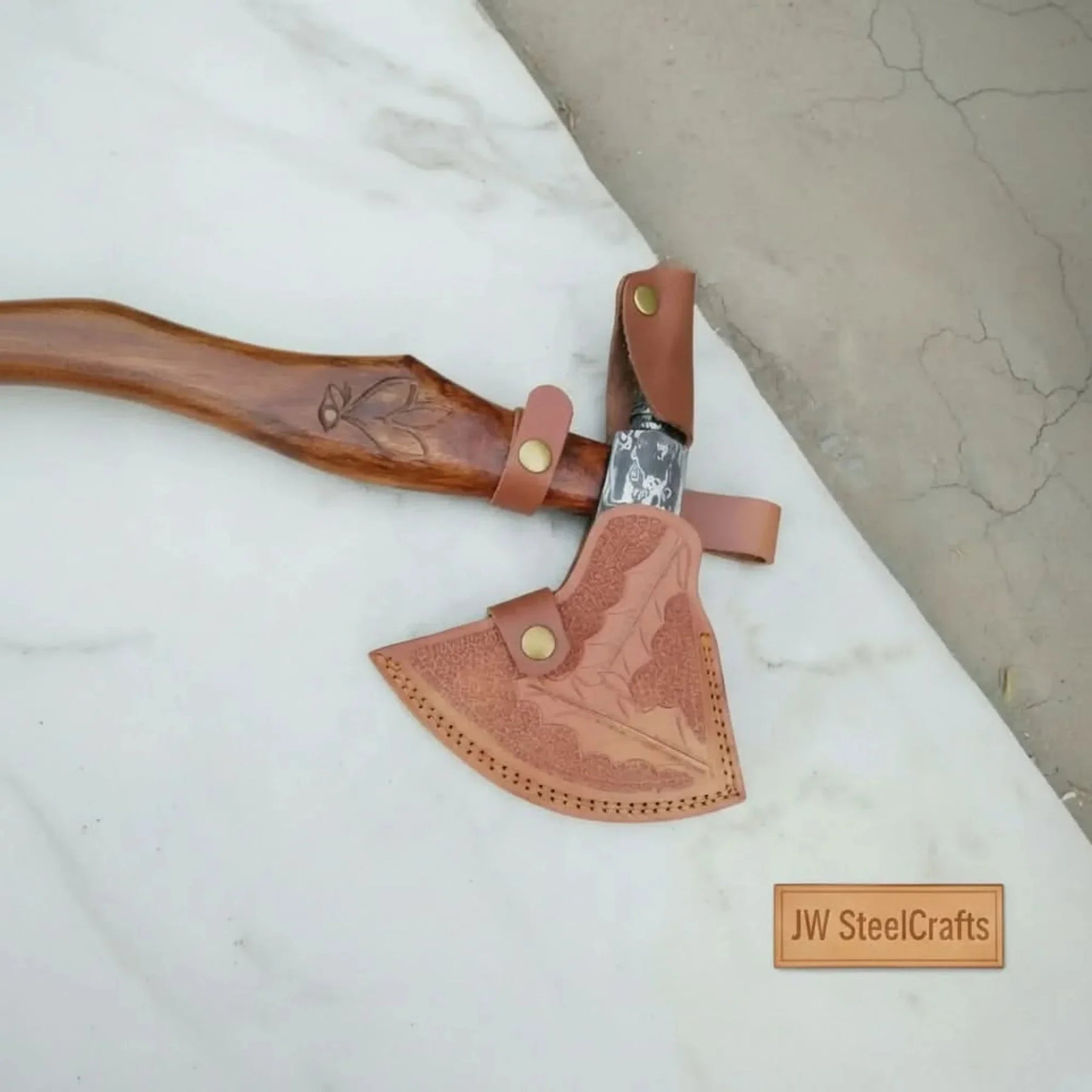 Varrok Spike Tomahawk axe with Damascus Steel Head detail view by JW SteelCrafts
