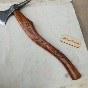 Varrok Spike Tomahawk axe with Damascus Steel Head detail view by JW SteelCrafts