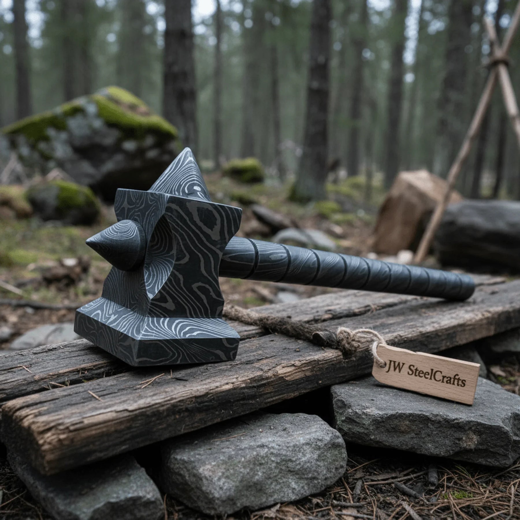 Sculpted Damascus Steel War Hammer 12" Handmade Full Damascus Collectible Piece by JW SteelCrafts