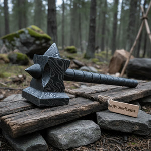Sculpted Damascus Steel War Hammer 12" Handmade Full Damascus Collectible Piece by JW SteelCrafts