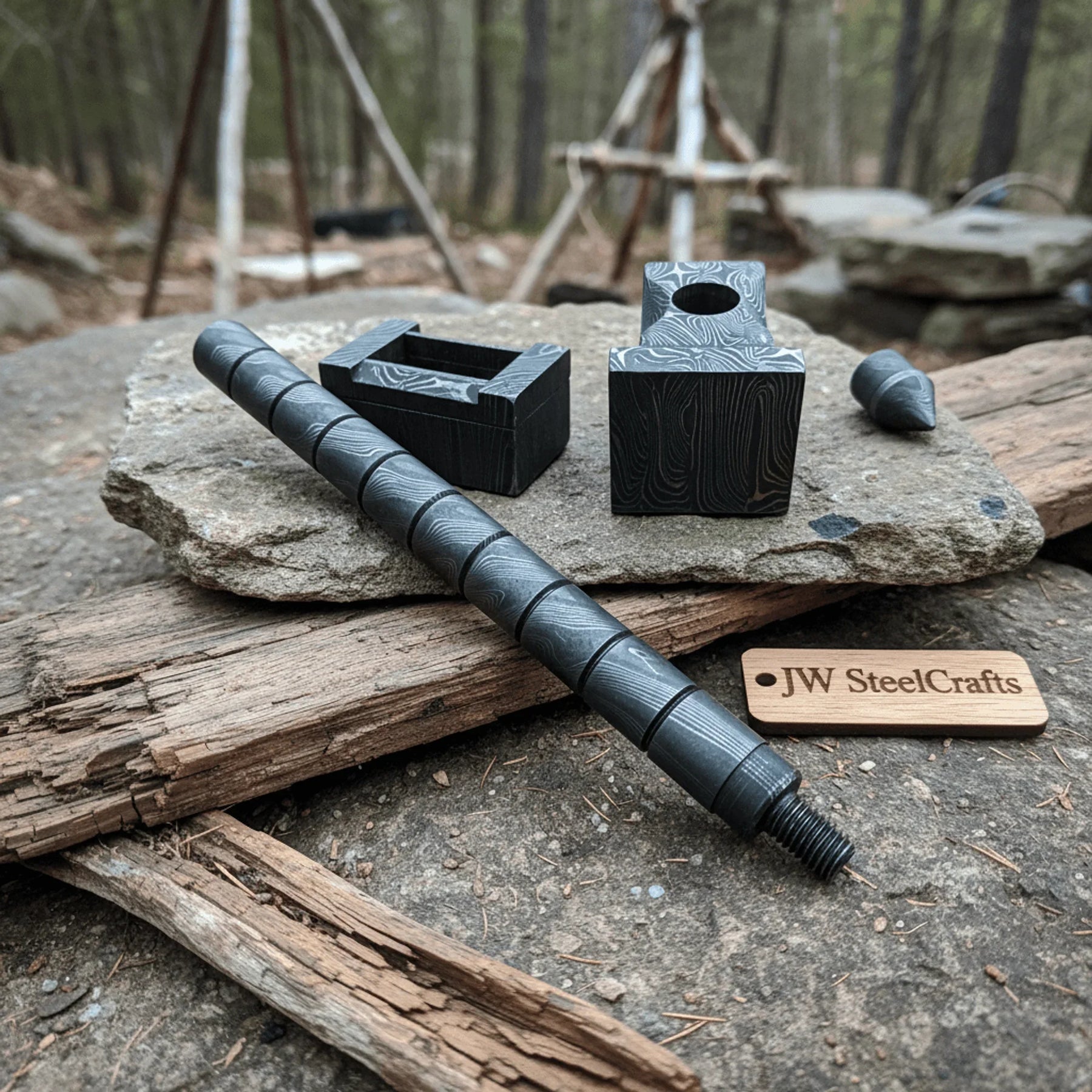 Sculpted Damascus Steel War Hammer 12" Handmade Full Damascus Collectible Piece detail view by JW SteelCrafts