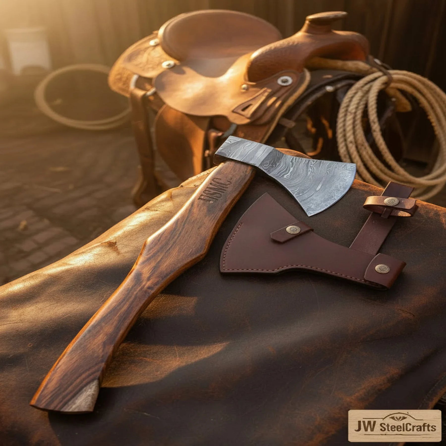 Damascus Skeggox Bearded Viking Axe with Hardwood Handle detail view by JW SteelCrafts