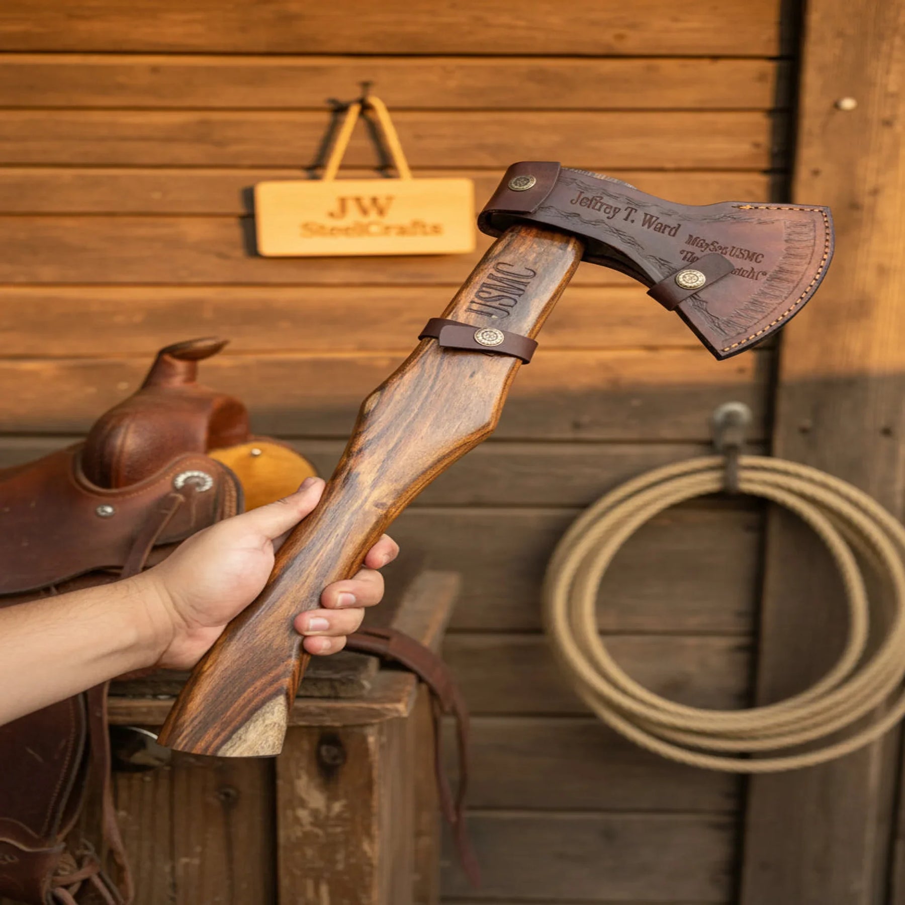 Damascus Skeggox Bearded Viking Axe with Hardwood Handle detail view by JW SteelCrafts