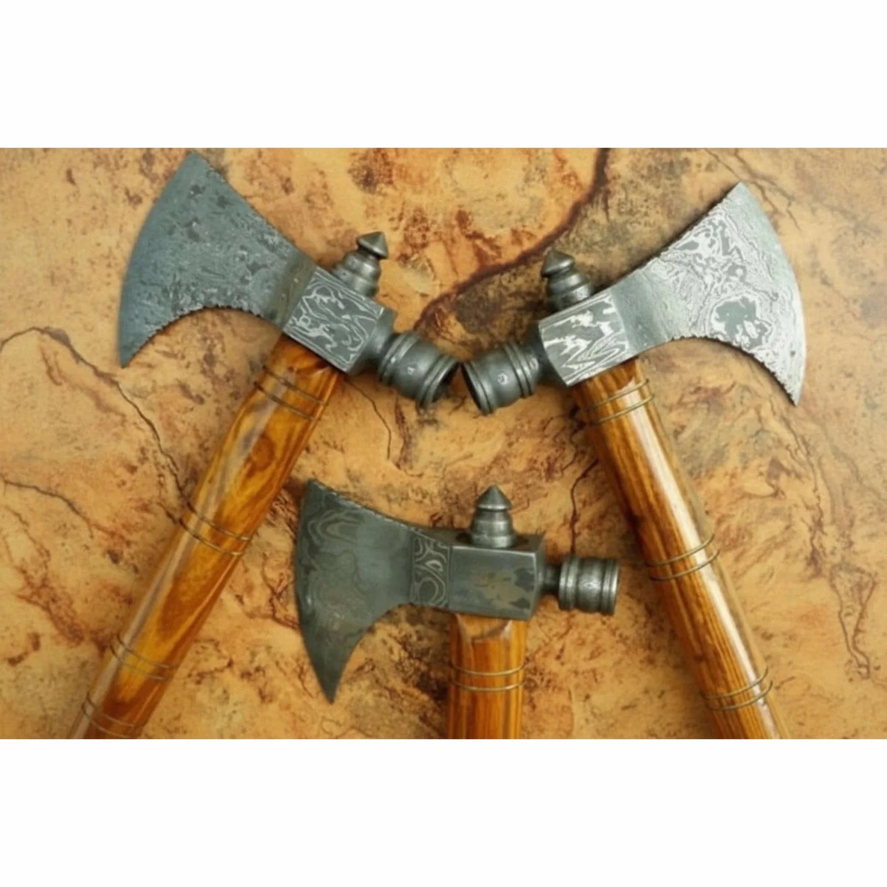 Viking Skeggøx Trio — Matching Short-Hafted Bearded Axes in Pattern-Welded Steel detail view by JW SteelCrafts