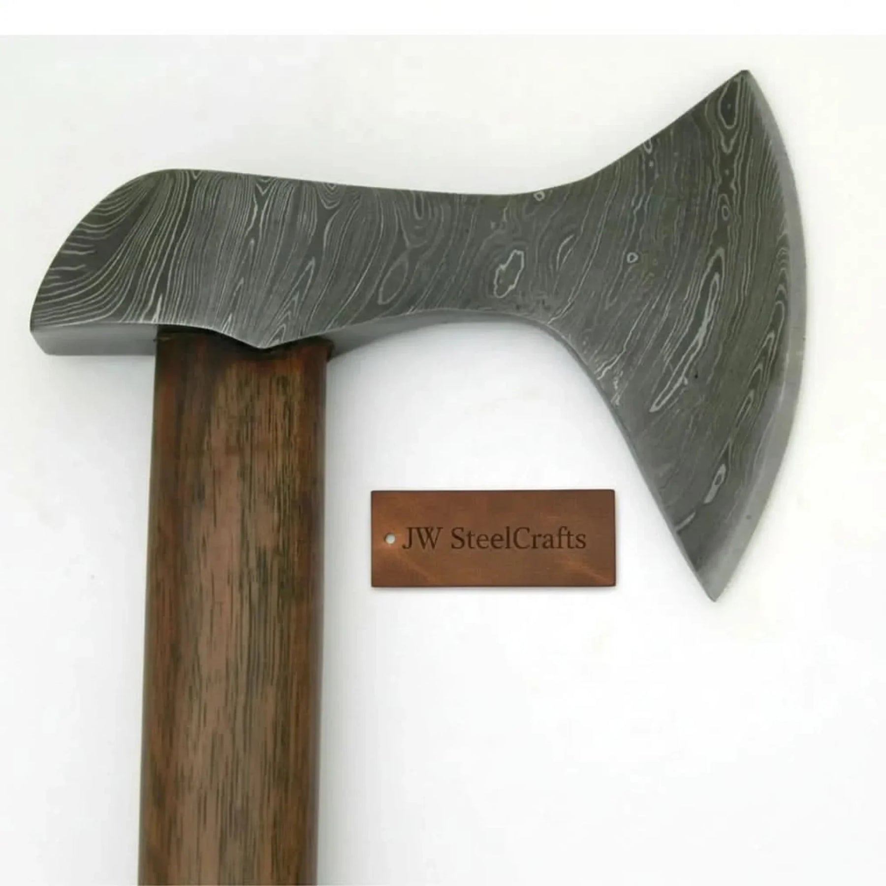 Custom Handmade Damascus Steel Burl Wood Axe Hatchet Tomahawk detail view by JW SteelCrafts