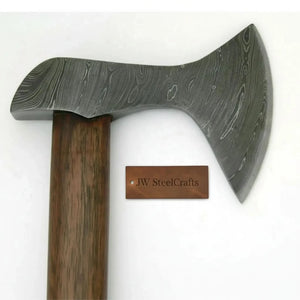 Custom Handmade Damascus Steel Burl Wood Axe Hatchet Tomahawk detail view by JW SteelCrafts