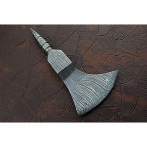 Damascus Crescent Camp Axe Head with Deep Sweep Edge detail view by JW SteelCrafts