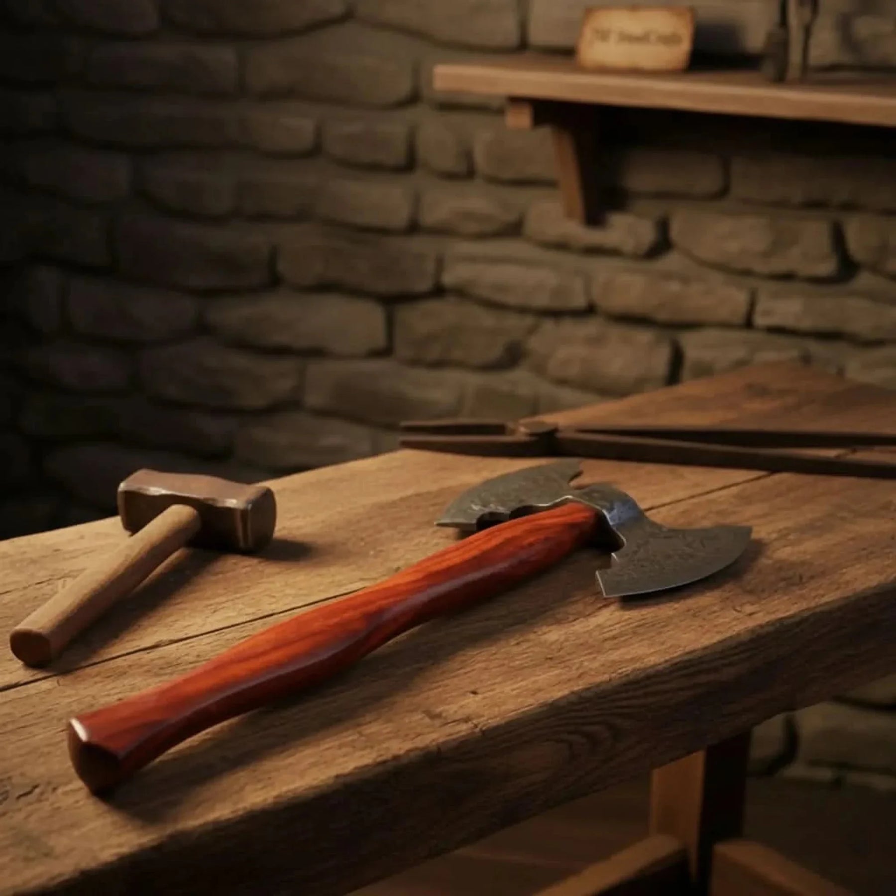 Handmade Viking Camp Axe, Broad Crescent Pattern-Welded Blade detail view by JW SteelCrafts