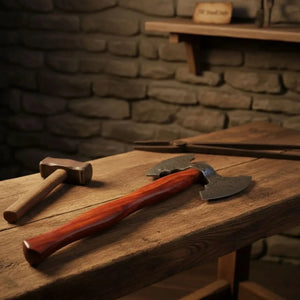 Handmade Viking Camp Axe, Broad Crescent Pattern-Welded Blade detail view by JW SteelCrafts