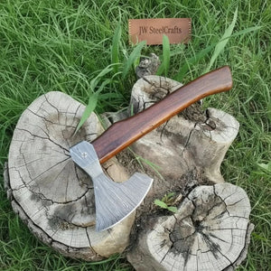 Damascus Wood Grain Hatchet with Bold Linear Forged Head detail view by JW SteelCrafts