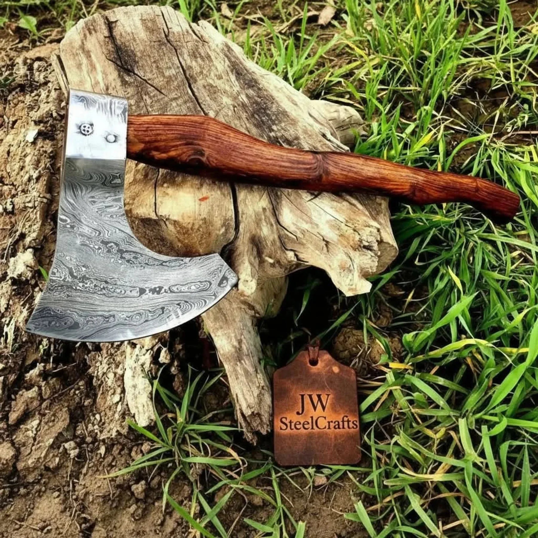 Matching Pair of Hand-Forged Damascus Bearded Axes with Curved Rosewood Handles detail view by JW SteelCrafts