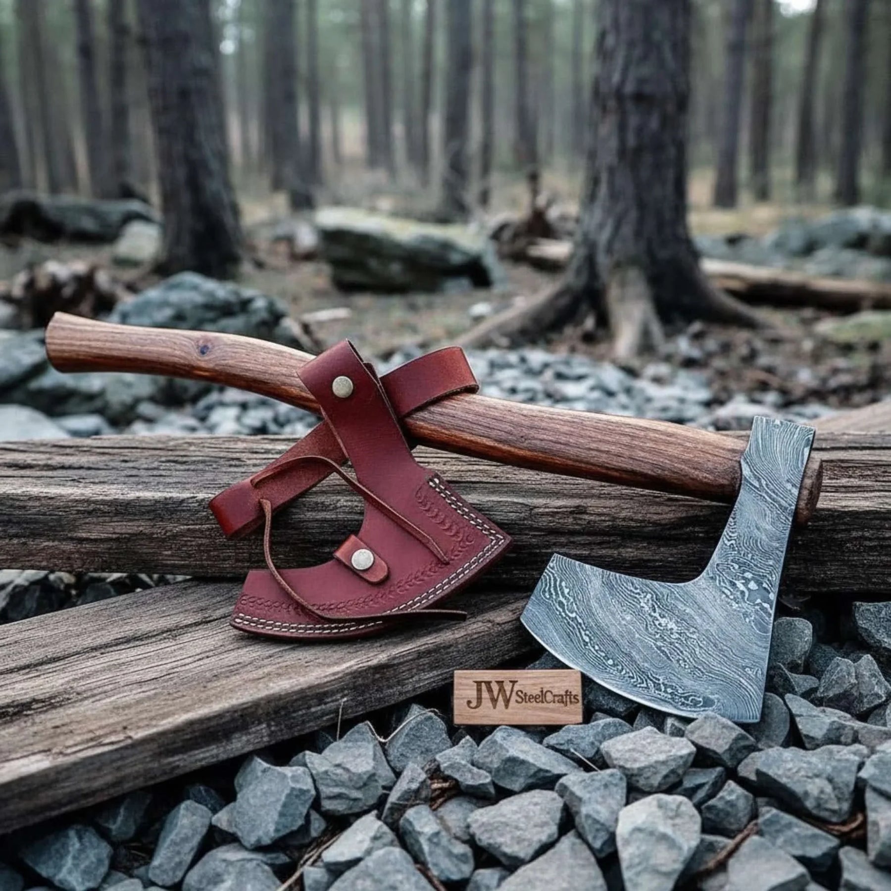 Hand-forged Damascus Bearded Axe for Bushcraft & Trail Work detail view by JW SteelCrafts
