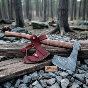 Hand-forged Damascus Bearded Axe for Bushcraft & Trail Work detail view by JW SteelCrafts