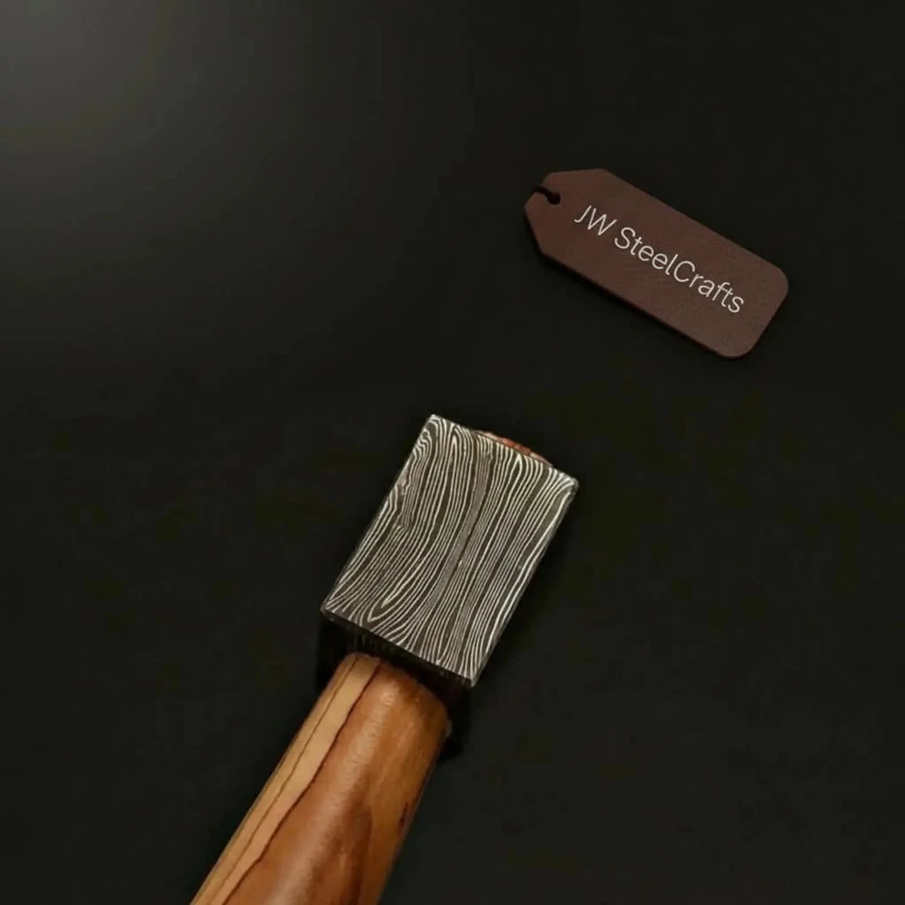 Hand-Forged Damascus Bearded Bushcraft Hatchet with Hardwood Handle detail view by JW SteelCrafts