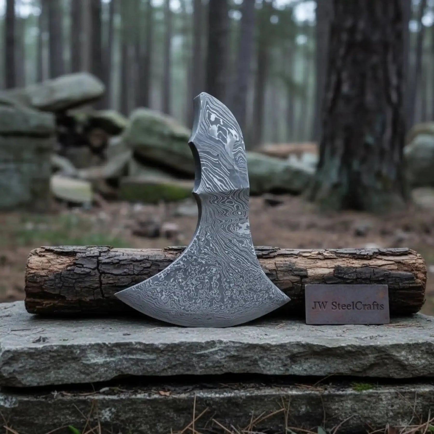 Grimvisage Damascus Axe 6" Handmade Viking Bearded Axe Head, Acid-Etched by JW SteelCrafts