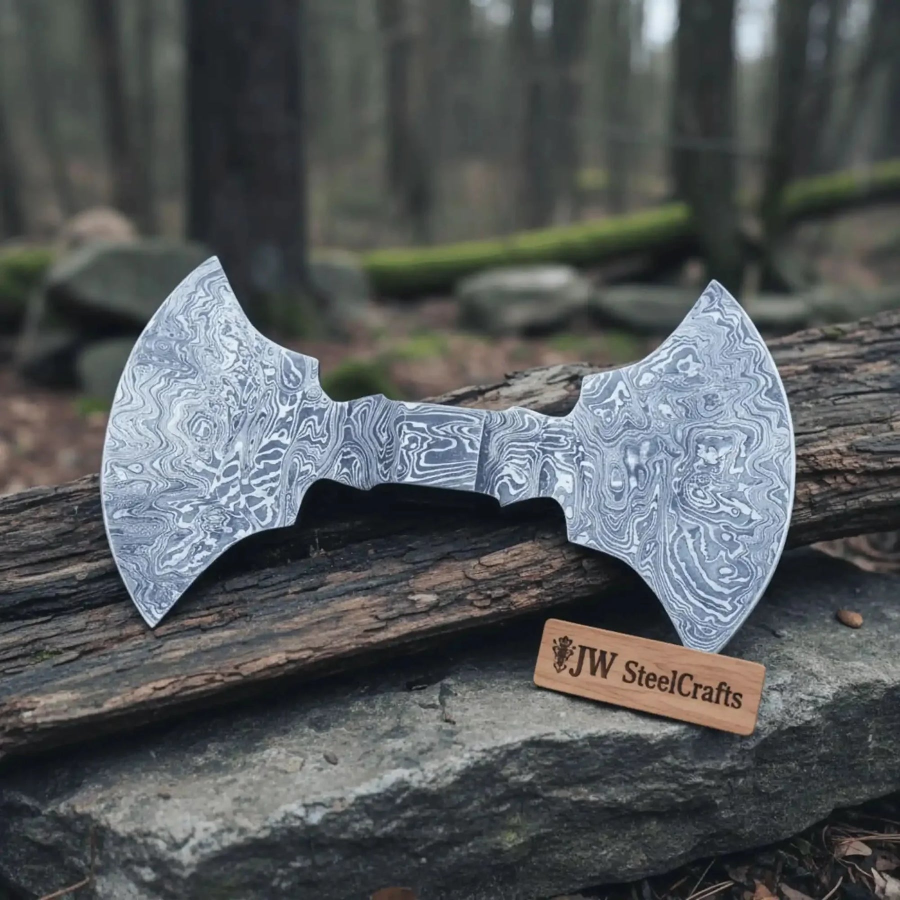 Duskraven Double-Bit Damascus Axe Handmade 9 Inch Forged Steel Head by JW SteelCrafts