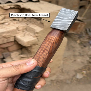 Heavy-Duty Damascus Camp Axe with Leather Wrap Handle detail view by JW SteelCrafts