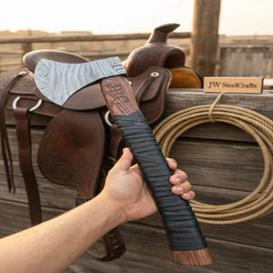 Heavy-Duty Damascus Camp Axe with Leather Wrap Handle detail view by JW SteelCrafts