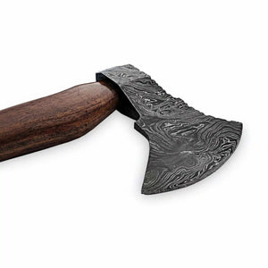 Damascus Scandinavian Carving Axe with Curved Hardwood Handle detail view by JW SteelCrafts