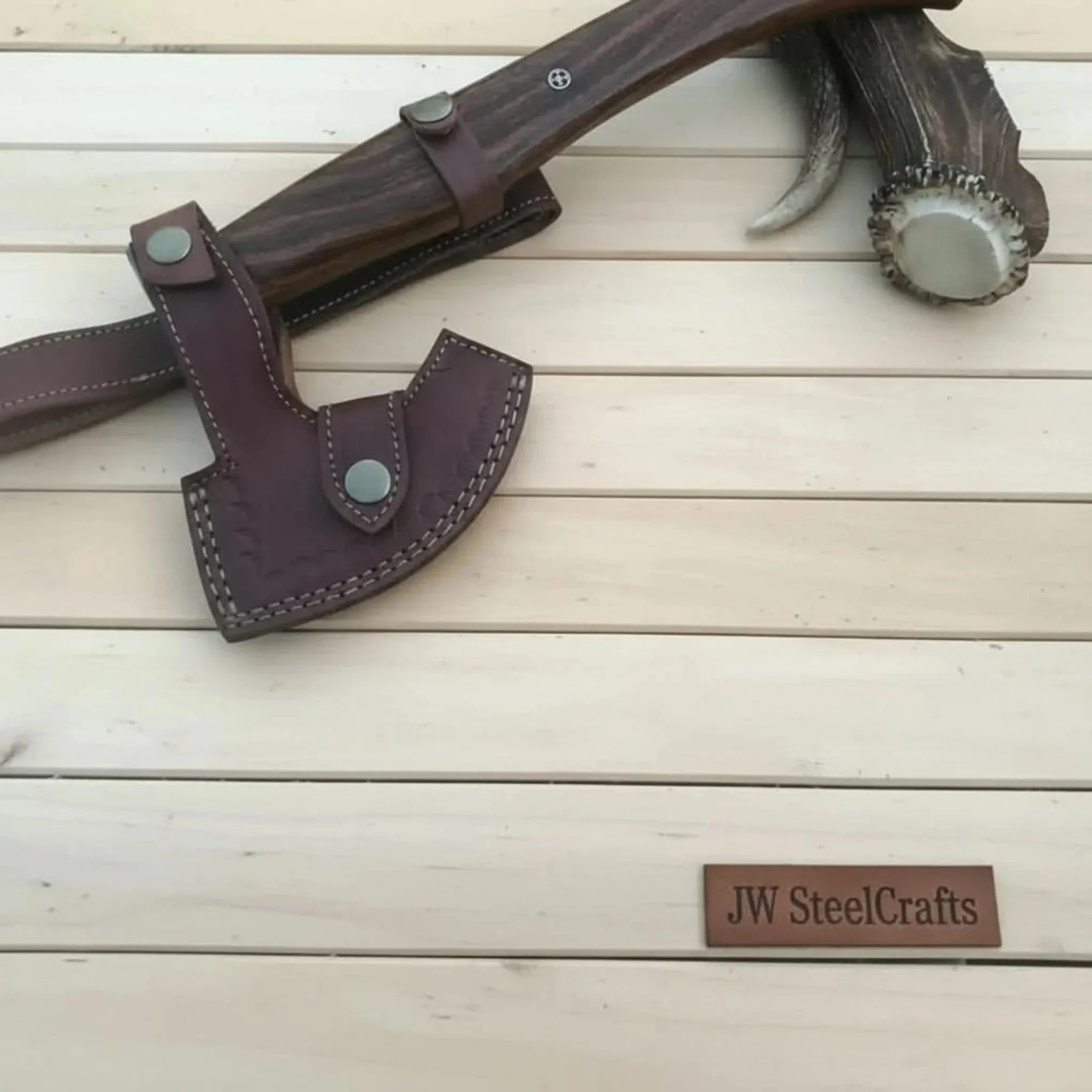 Vornska Damascus Bushcraft Hatchet with Hooked Bearded Head detail view by JW SteelCrafts
