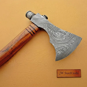 Damascus Smoking Axe with Leather Sheath and Ringed Rosewood Handle by JW SteelCrafts