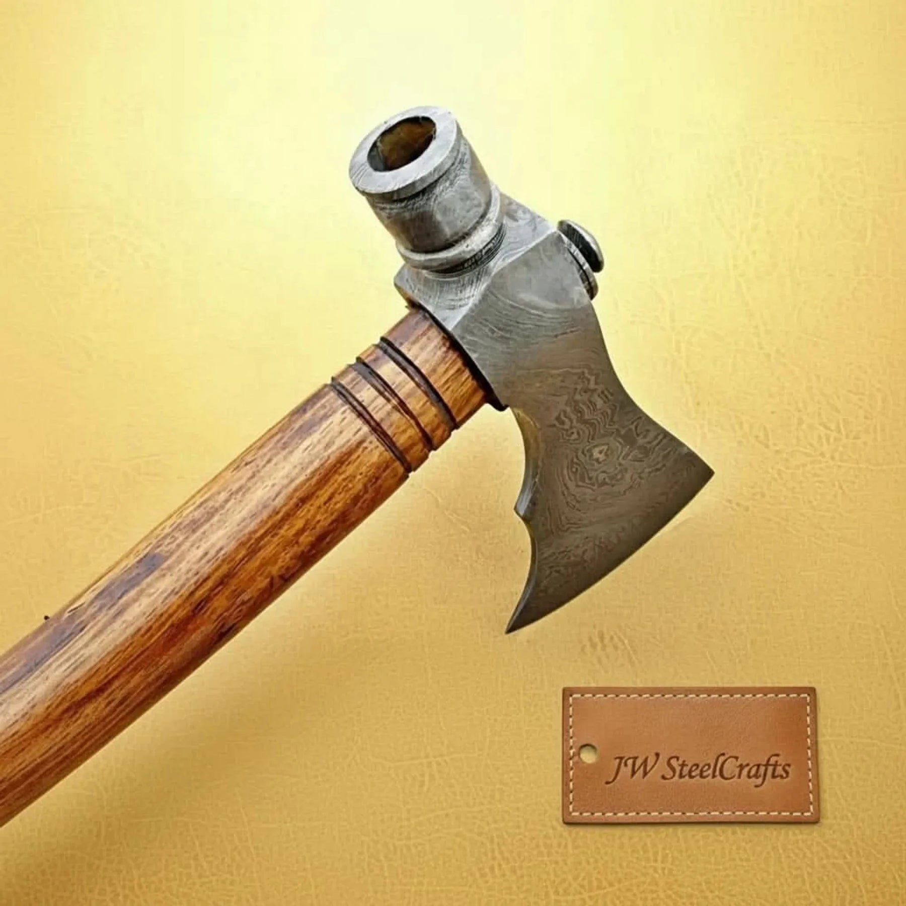 Damascus Smoking Axe with Leather Sheath and Ringed Rosewood Handle detail view by JW SteelCrafts