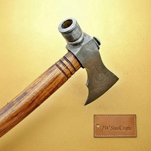 Damascus Smoking Axe with Leather Sheath and Ringed Rosewood Handle detail view by JW SteelCrafts