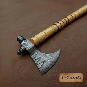 Damascus Pipe Axe 19 Inch Ash Wood Handle | Hand Forged Tomahawk Smoking Axe | JW SteelCrafts detail view by JW SteelCrafts