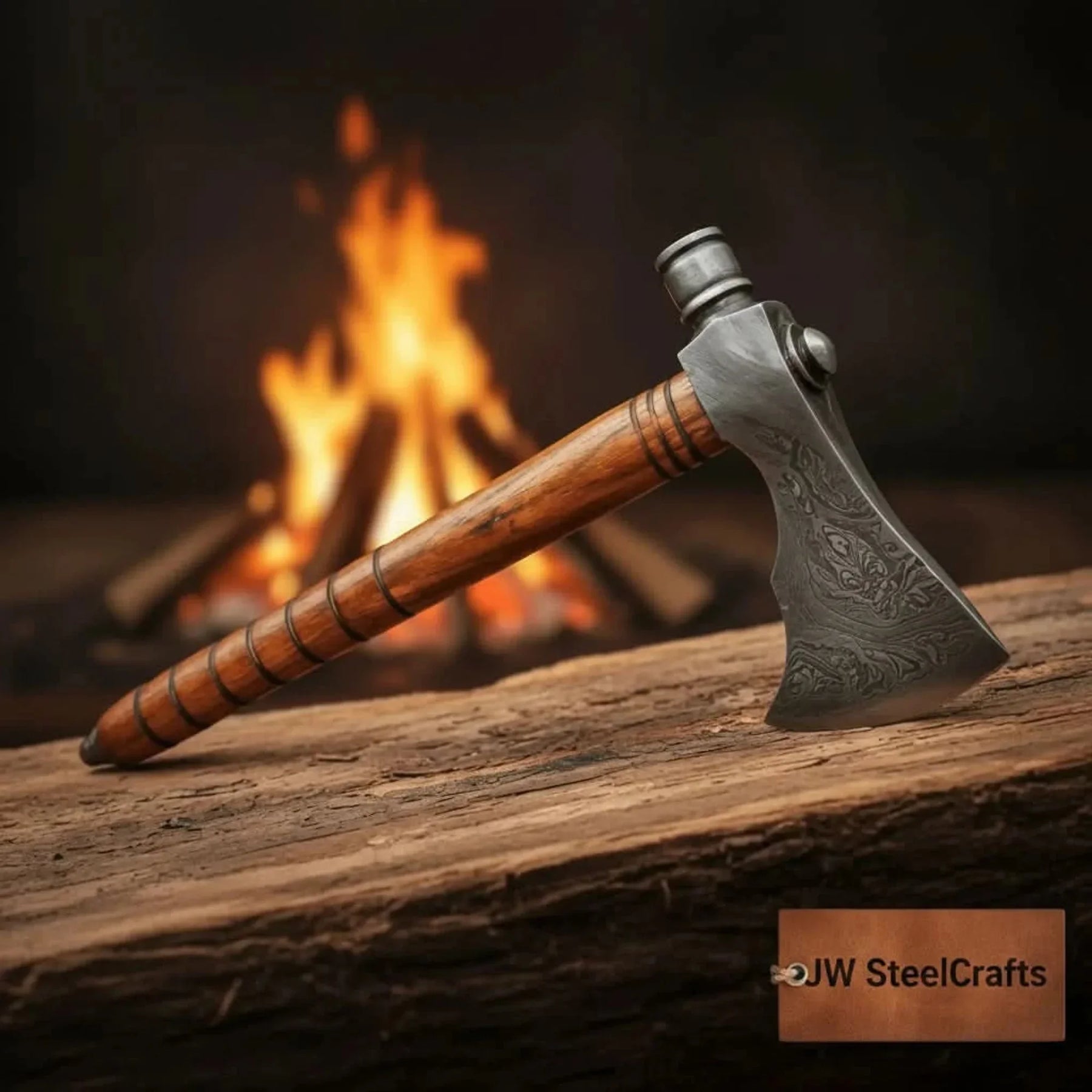 Damascus Wood Handle Smoking Axe 19 Inch by JW SteelCrafts