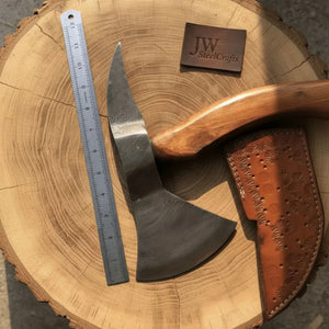 Damascus Bearded Spike Tomahawk with Forged Spike Poll detail view by JW SteelCrafts