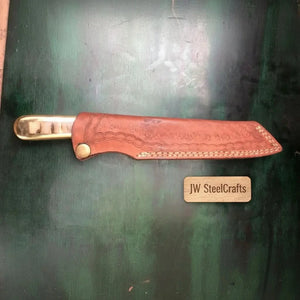 Premium Damascus Clip-Point Bushcraft Hunter — Twisted Pattern, Ram’s Horn & Brass Handle with Leather Sheath detail view by