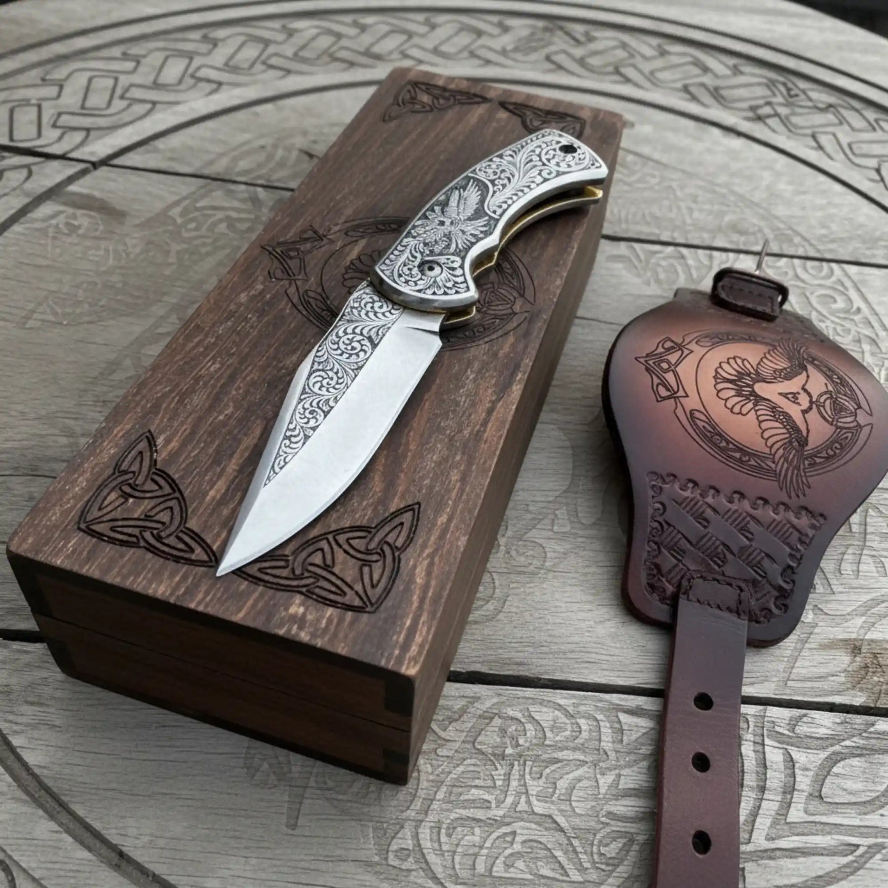 Hand Engraved Folding Knife — Eagle Motif Stainless Steel Scales by JW SteelCrafts, Damascus knife detail photo 2