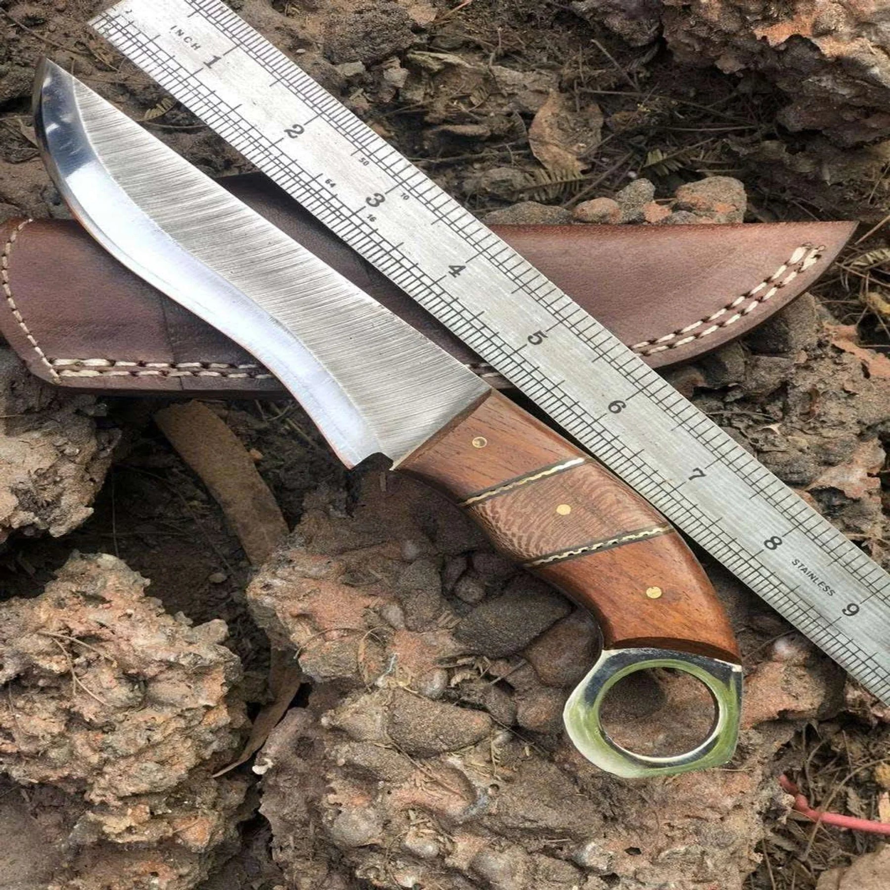 Custom Handmade Stainless Steel hunting knife leather sheath BM-0096 detail view by JW SteelCrafts