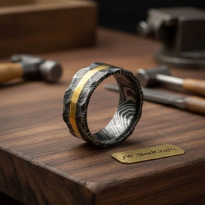 Hammered Damascus Gold Inlay Ring with Textured Surface by JW SteelCrafts