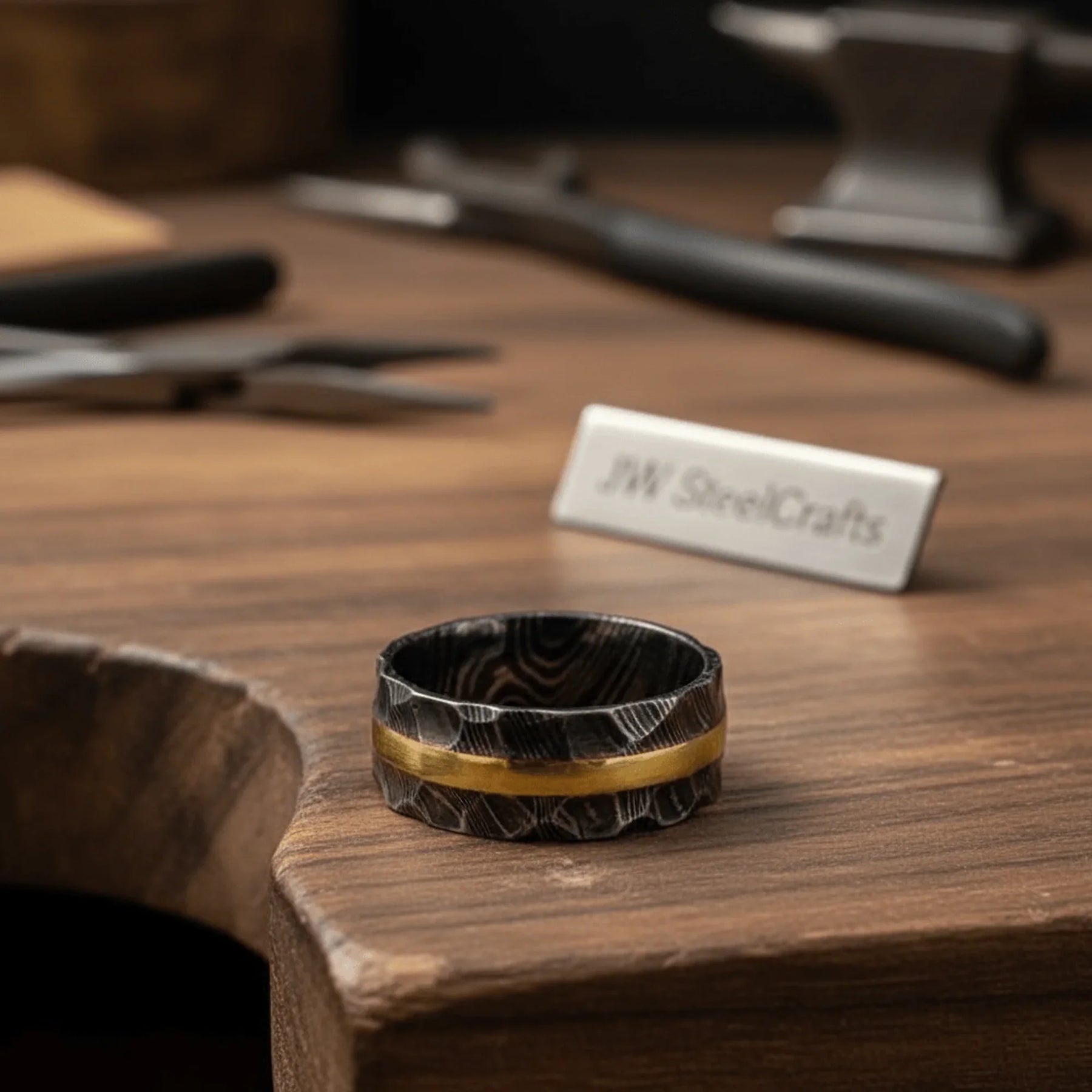 Hammered Damascus Gold Inlay Ring with Textured Surface detail view by JW SteelCrafts