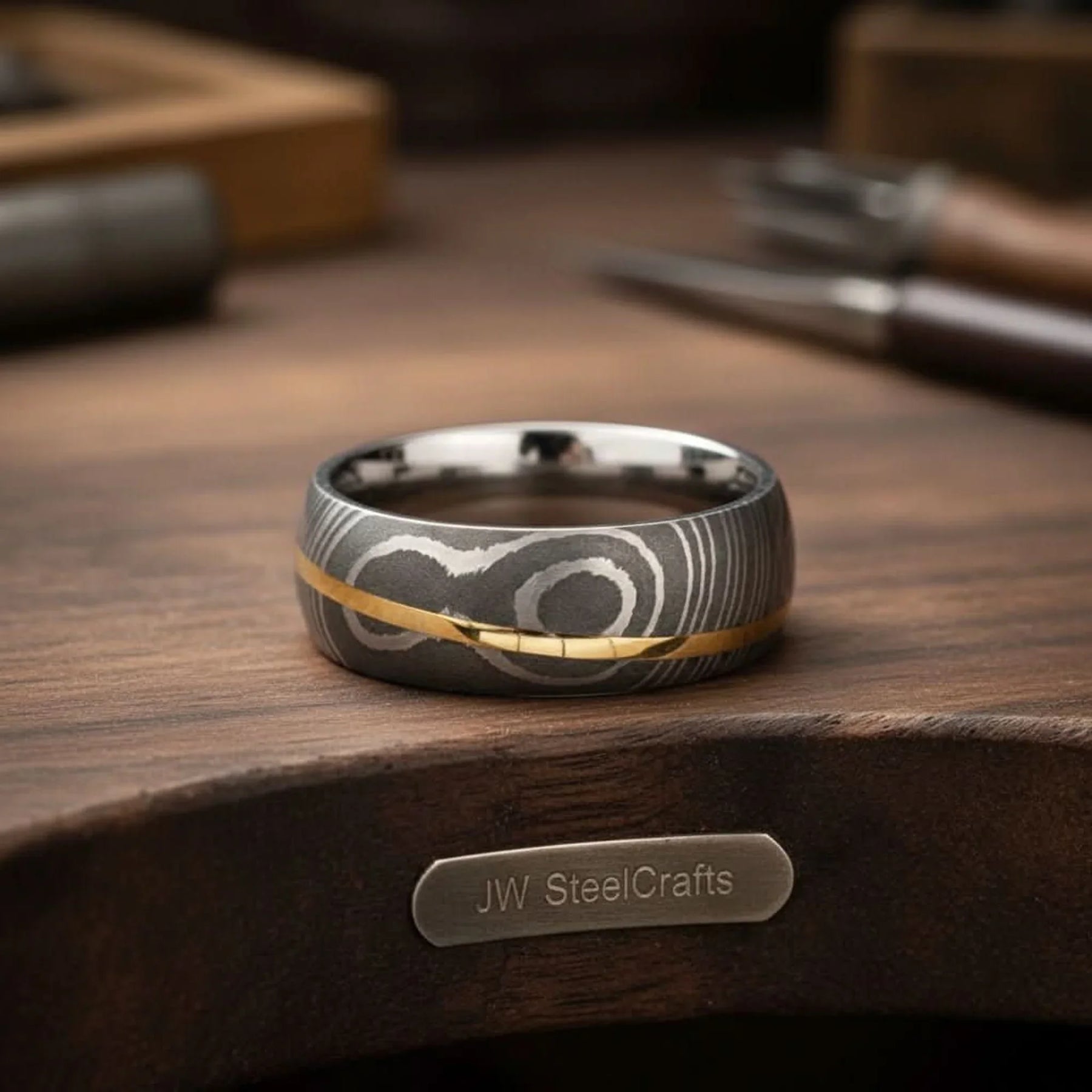 Raindrop Damascus Ring with Gold Inlay and Polished Silver Interior by JW SteelCrafts