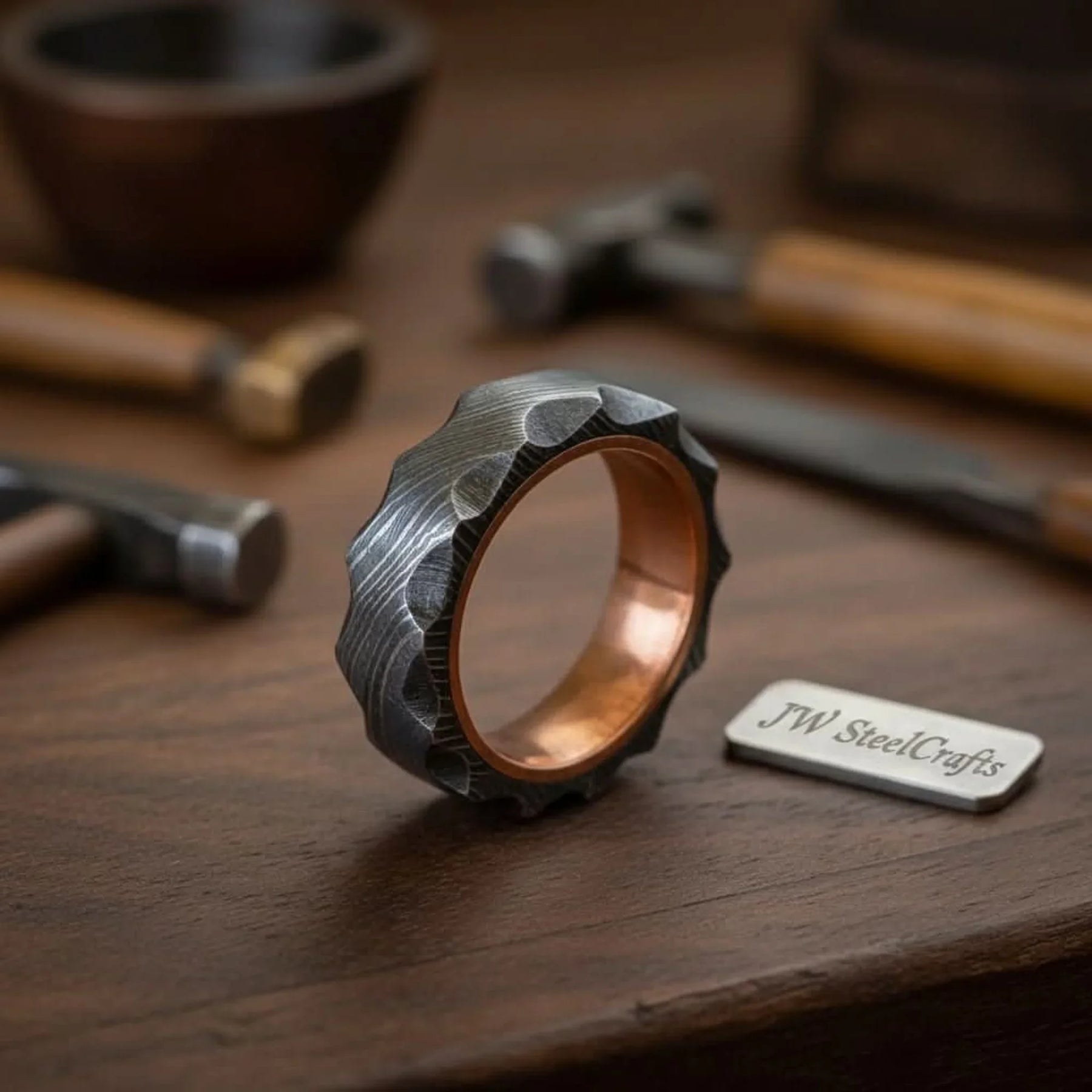 Copper Sleeve Damascus Ring with Carved Faceted Exterior by JW SteelCrafts