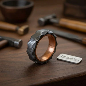 Copper Sleeve Damascus Ring with Carved Faceted Exterior by JW SteelCrafts