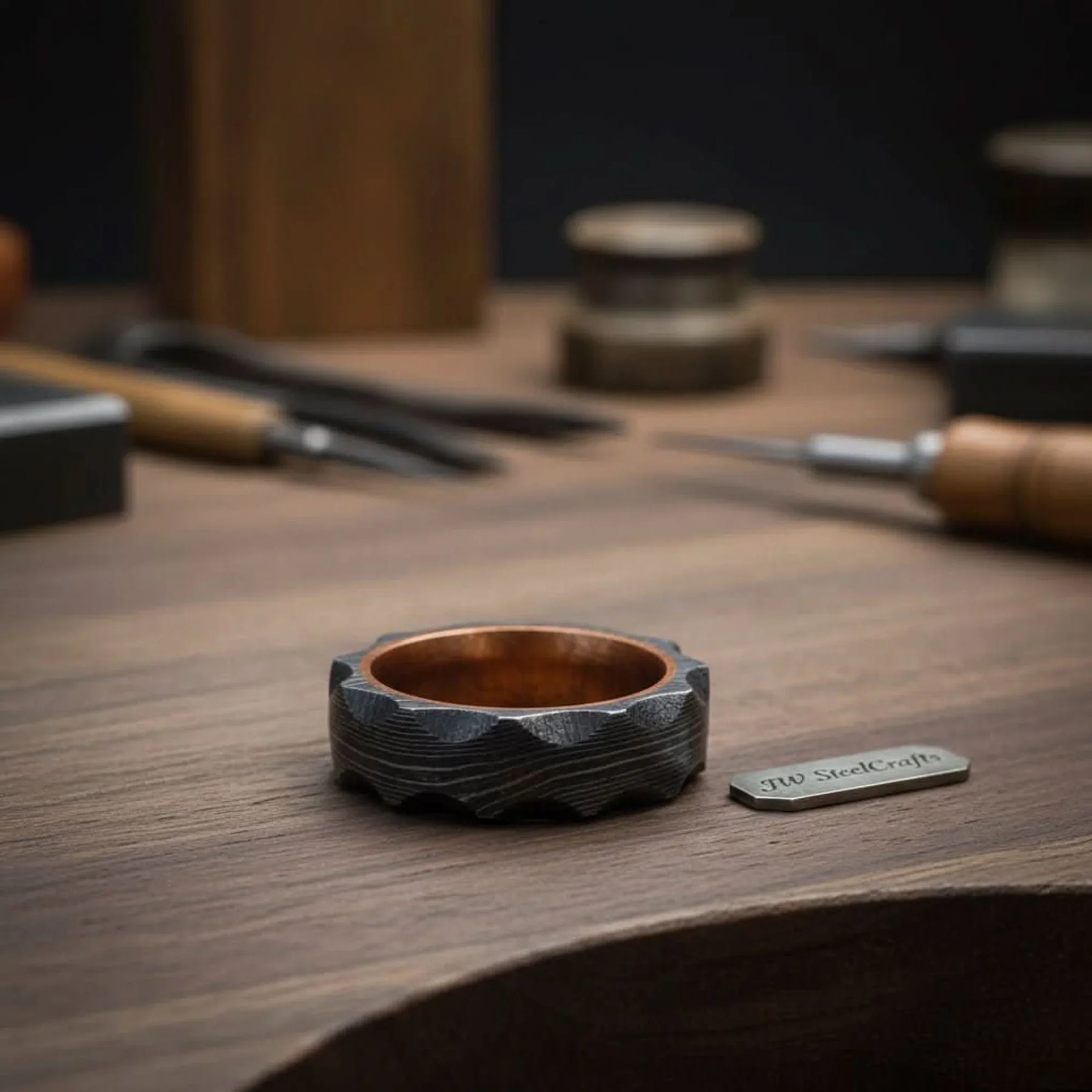 Copper Sleeve Damascus Ring with Carved Faceted Exterior detail view by JW SteelCrafts